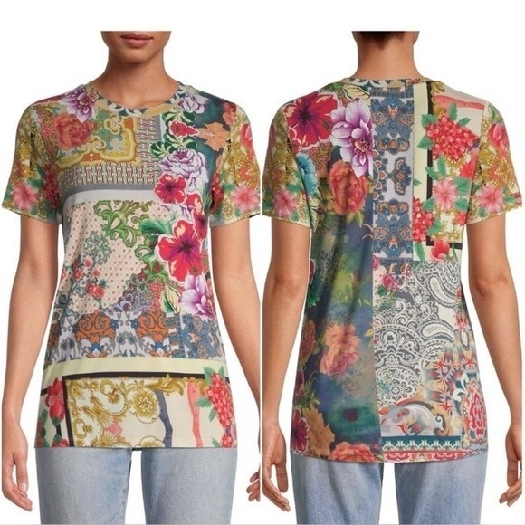 Johnny Was Tops - Johnny Was Catalina Block T-Shirt Patchwork Floral Blend Multicolor Size M